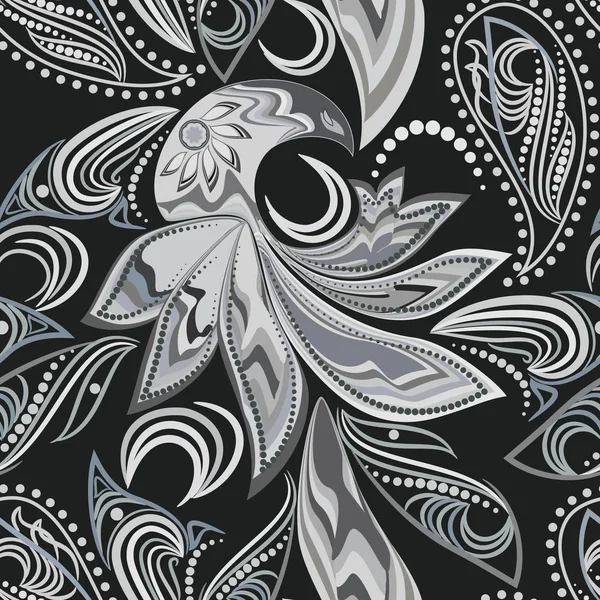 Motif noir et blanc sans couture avec paisley et oiseau. Fond vectoriel . — Image vectorielle