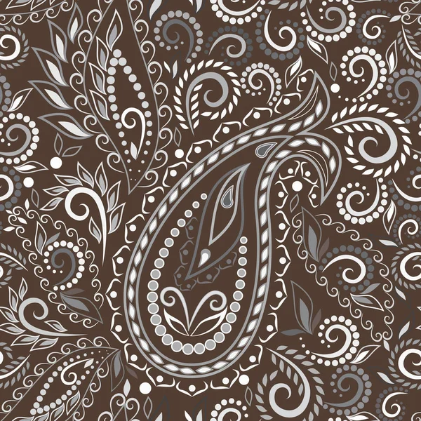 Paisley wit en bruin naadloos patroon. — Stockvector