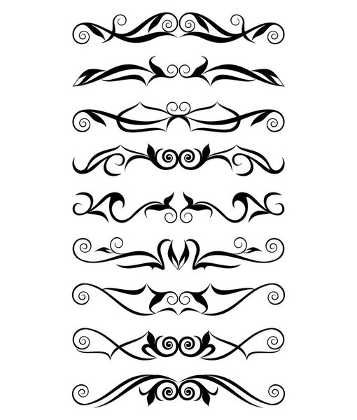Deco borders. Black and white design of the text - boarders, dividers. Vector set of 9.