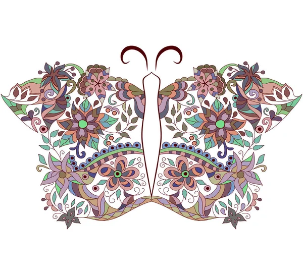 Kelebek Renkli Zentangle Tasarım Vektör Baskı Elle Çizilmiş Çiçek Deseni — Stok Vektör