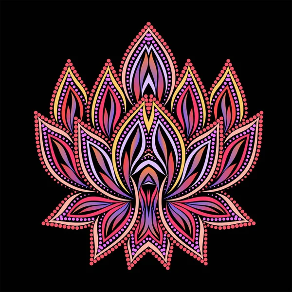 Yangın lotus - yaşam ve güzellik sembolü. Parlak renkli nokta deseni. Siyah arka planda yalıtılmış vektör nesnesi.