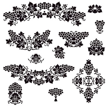 Tasarım için asma kalıpları seti. Asma yapraklı siyah beyaz desenler. Vektör ortamı.