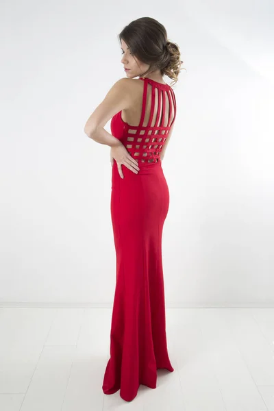 Rear View Fashion Model Posing Elegant Red Gown Studio Full — стоковое фото