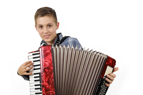 Jeune Accordéon Jouant Accordéon Studio Isolé Sur Fond Blanc — Photo