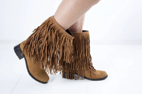 Side View Trendy Brown Suede Women Boots Fringe White Background — Stock Photo, Image