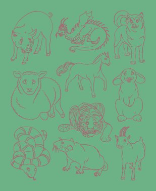 köpek, ejderha, keçi, at, domuz, tavşan, sıçan, koyun, yılan, kaplan