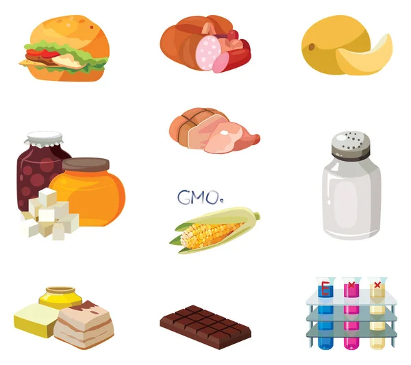 Korv, tung mat, snabbmat, snabba kolhydrater, rökta livsmedel, GMO, salt, eldfast fetter, choklad, kemiska tillsatser — Stock vektor