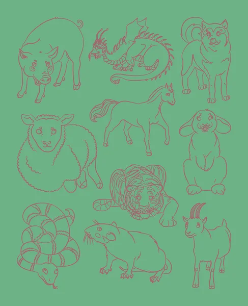 Собака, драгон, коза, лошадь, пиг, кролик, крыса, овца, олень, тигр — стоковый вектор