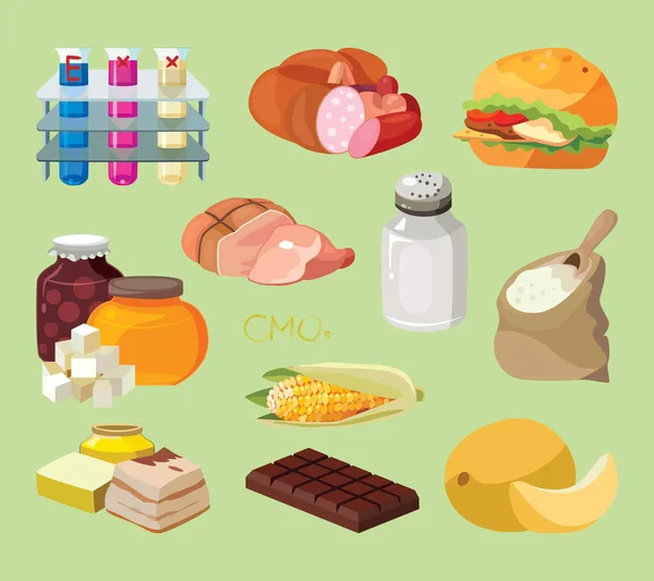 Comida rápida, salchichas, alimentos pesados, carbohidratos rápidos, alimentos ahumados, OMG, sal, grasas refractarias, chocolate, aditivos químicos, sémola — Vector de stock