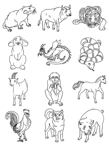Doce animales divertidos del horóscopo chino — Vector de stock