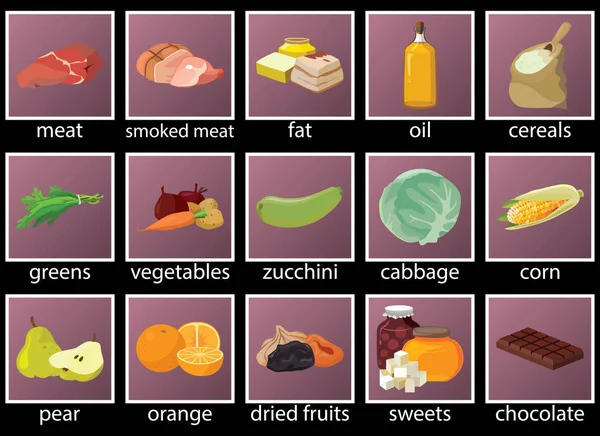 Carne, grasas, aceite, cereales, verduras, verduras, frutas, dulces , — Vector de stock