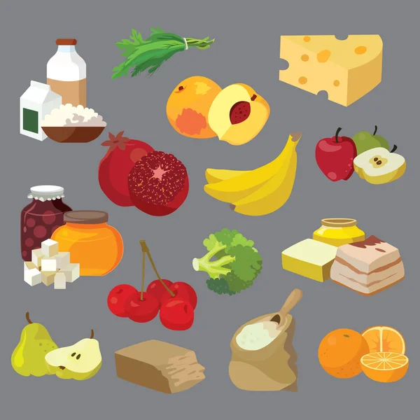 Mejeriprodukter, fetter, sötsaker, frukter, grönsaker, bär, cerea — Stock vektor