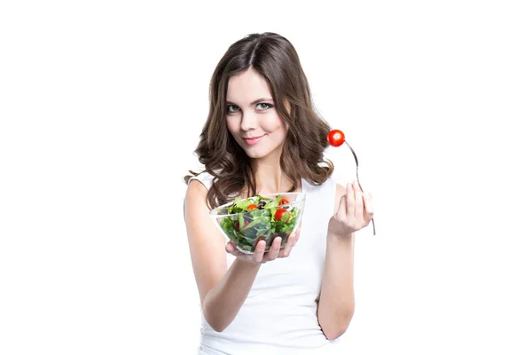 Retrato Atractiva Mujer Sonriente Con Ensalada Aislada Blanco Dieta Comida — Foto de Stock