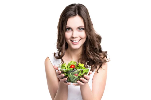 Mulher Com Salada Isolada Estilo Vida Saudável — Fotografia de Stock