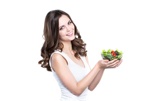 Mulher Saudável Feliz Com Salada Isolada Estilo Vida Saudável — Fotografia de Stock