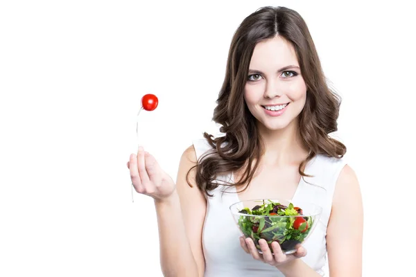 Junge Frau Mit Vegetarischem Salatgemüse Vereinzelt Gesunder Lebensstil — Stockfoto