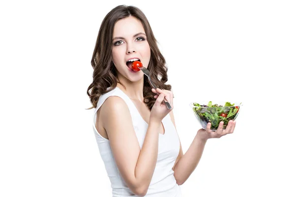 Hermosa Chica Comiendo Comida Saludable Aislado Estilo Vida Saludable — Foto de Stock