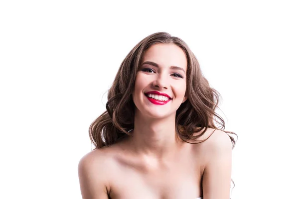 Portret Uśmiechający Się Kobieta Białym Tle Emocje Twarzy — Zdjęcie stockowe