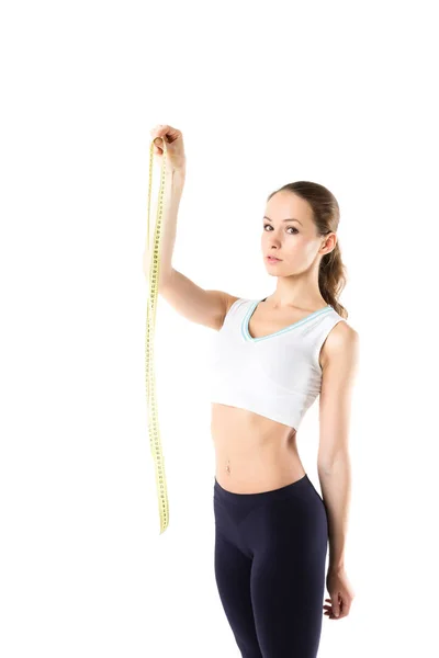 Jonge Vrouw Met Het Meten Van Geïsoleerd Een Witte Achtergrond — Stockfoto