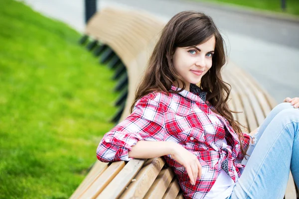 Girl Plaid Shirt Sitting Bench — Stock Photo, Image