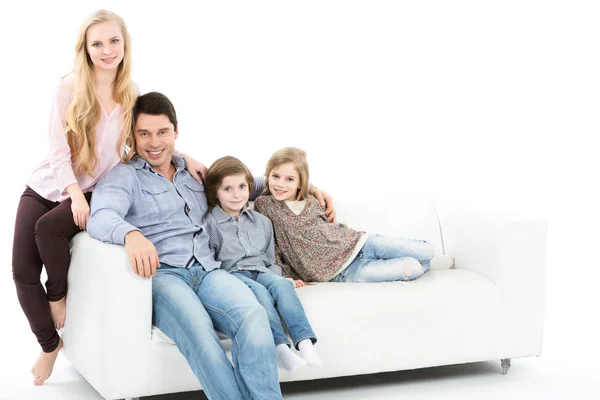 Family Sitting Together Couch Isolated White Background — Stock Photo, Image