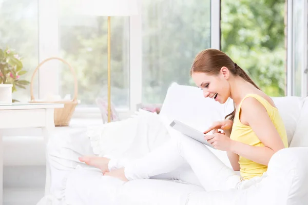 Woman Using Digital Tablet Home New House — Stock Photo, Image