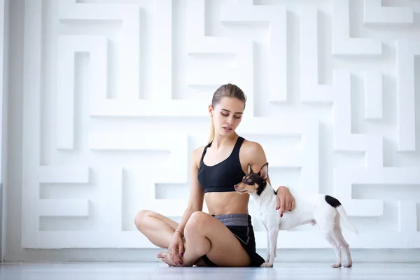 Woman has yoga practice at home with pets. — Stock Photo, Image