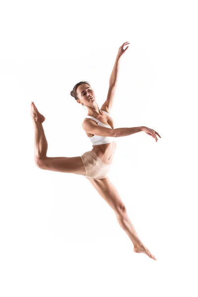 Young Flexible Woman Gracefully Jumping Isolated White Background Beautiful Dancer — Stock Photo, Image