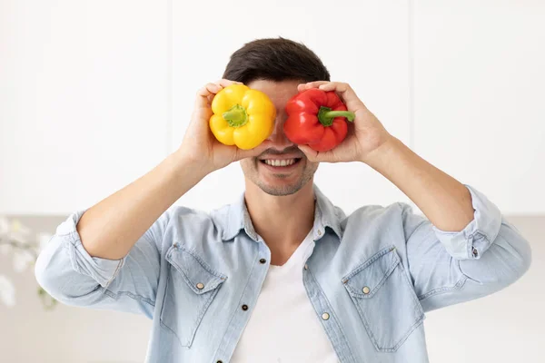 Handsome Young Man Holding Fresh Yellow Red Pepper Smiling While — Stock Photo, Image