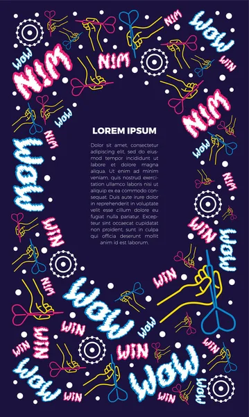 Çerçeve konsepti, metin için yer. Düz neon illüstrasyon. Doğrusal bir el bir dart okunu tutar ve hedefe nişan alır. Komik harfler. Yazdırma veya web kullanımı kavramı. Koyu mavi bir arkaplanda.
