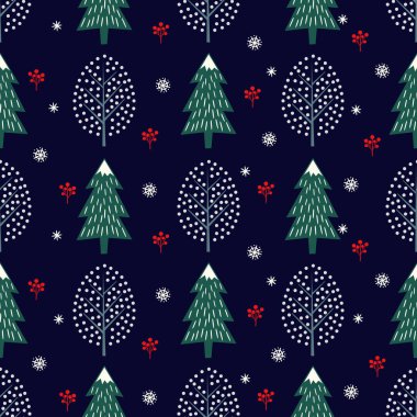 Sevimli kış ağaçlar seamless modeli koyu mavi zemin üzerine.