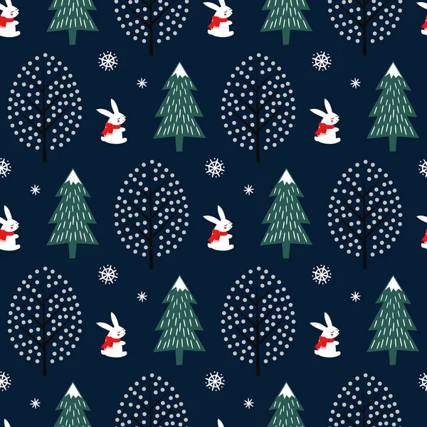 Albero di Natale, fiocchi di neve, modello senza cuciture di coniglio su sfondo blu scuro . — Vettoriale Stock