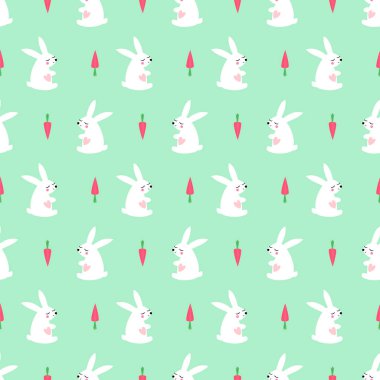 Beyaz tavşan havuç seamless modeli nane yeşil arka plana sahip.