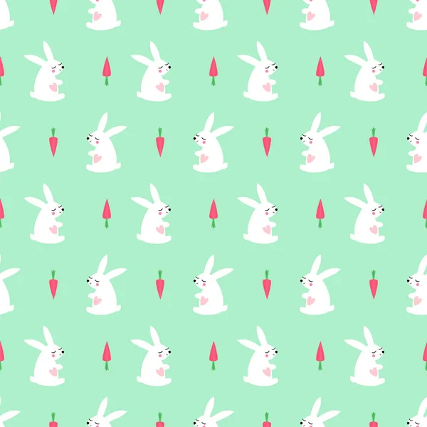 White bunny with carrot seamless pattern mint green background. — Stock Vector
