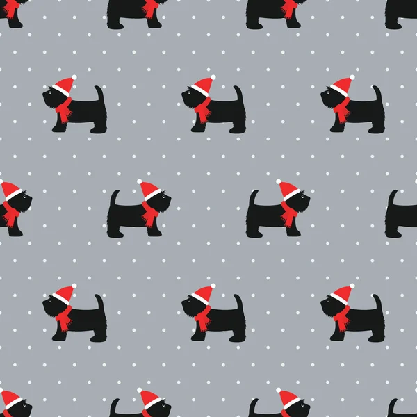 Terrier escocés en el sombrero de Navidad patrón sin costuras . — Vector de stock