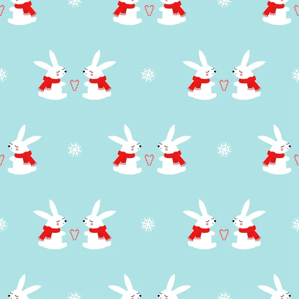 Bonito bebê coelhos com corações de cana de doces e flocos de neve sem costura padrão no fundo azul . — Vetor de Stock