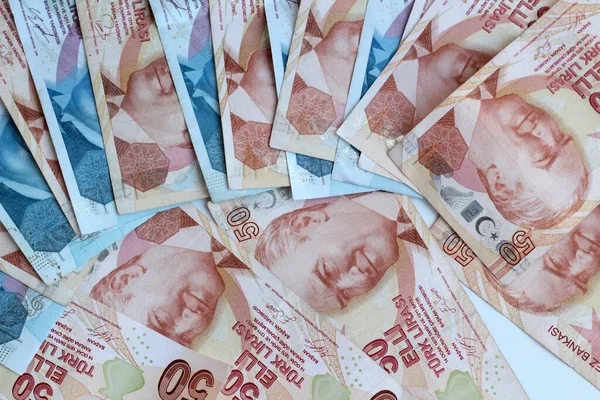 Turkisk Hundrafemtio Lira Sedlar Designade Tillsammans Vit Platt Layout — Stockfoto