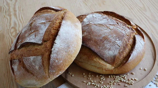 Two Rustic Whole Wheat Homemade Whole Bread Wooden Table Close — Stock Photo, Image