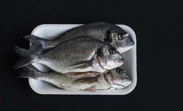 Bream Limpo Embalagem Espuma Branca Solo Preto Com Espaço Cópia — Fotografia de Stock