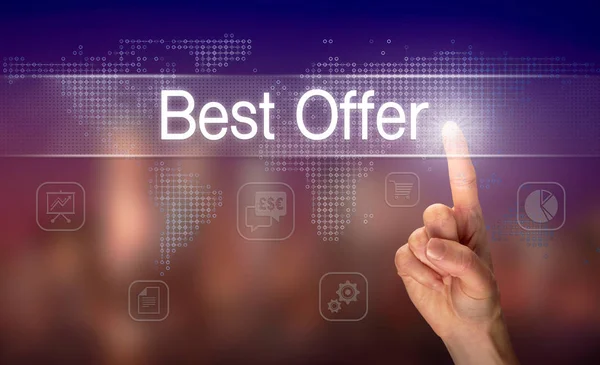 Hand Selecting Best Offer Business Concept Clear Screen Colorful Blurred — Stock Photo, Image