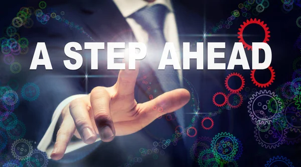 Businessman Pressing Step Ahead Business Concept Graphical Display Cogs — Stock Photo, Image