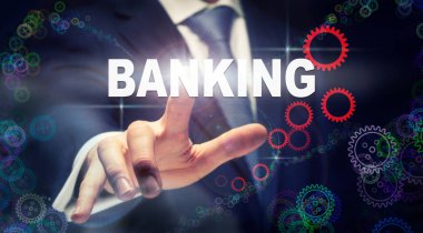 Bankacılık iş kavramı SMM grafik görünümünü basarak işadamı