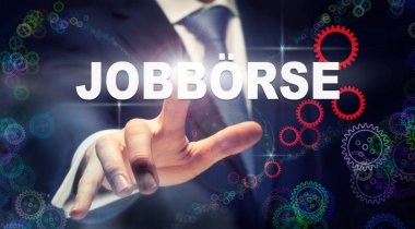 Acele bir iş pazarı Jobbrse düğme Almanca olarak bir futuristik bilgisayar ekranında bir işadamı