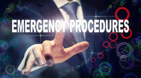 Businessman Pressing Emergency Procedures Business Concept Graphical Display Cogs — Stock Photo, Image