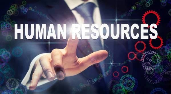 Businessman Pressing Human Resources Business Concept Graphical Display Cogs — Stock Photo, Image