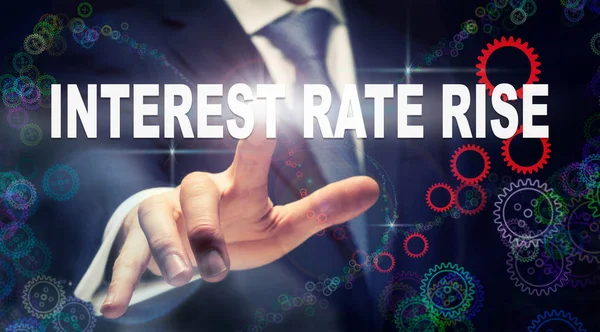 Businessman Pressing Interest Rate Rise Business Concept Graphical Display Cogs — Stock Photo, Image
