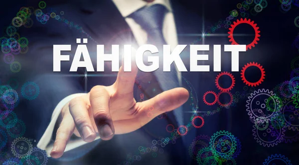 Affärsman Som Ett Knapptryck Förmåga Fahigkeit Tyska Futuristisk Datorskärm — Stockfoto