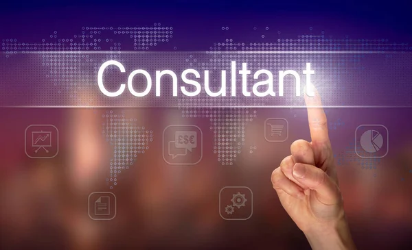 Male Hand Selecting Consultant Button Clear Screen Blurred Background — Stock Photo, Image