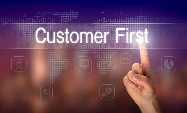 Male Hand Selecting Customer First Button Clear Screen Blurred Background — Stock Photo, Image