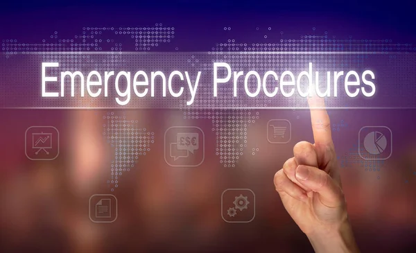 Male Hand Selecting Emergency Procedures Button Clear Screen Blurred Background — Stock Photo, Image